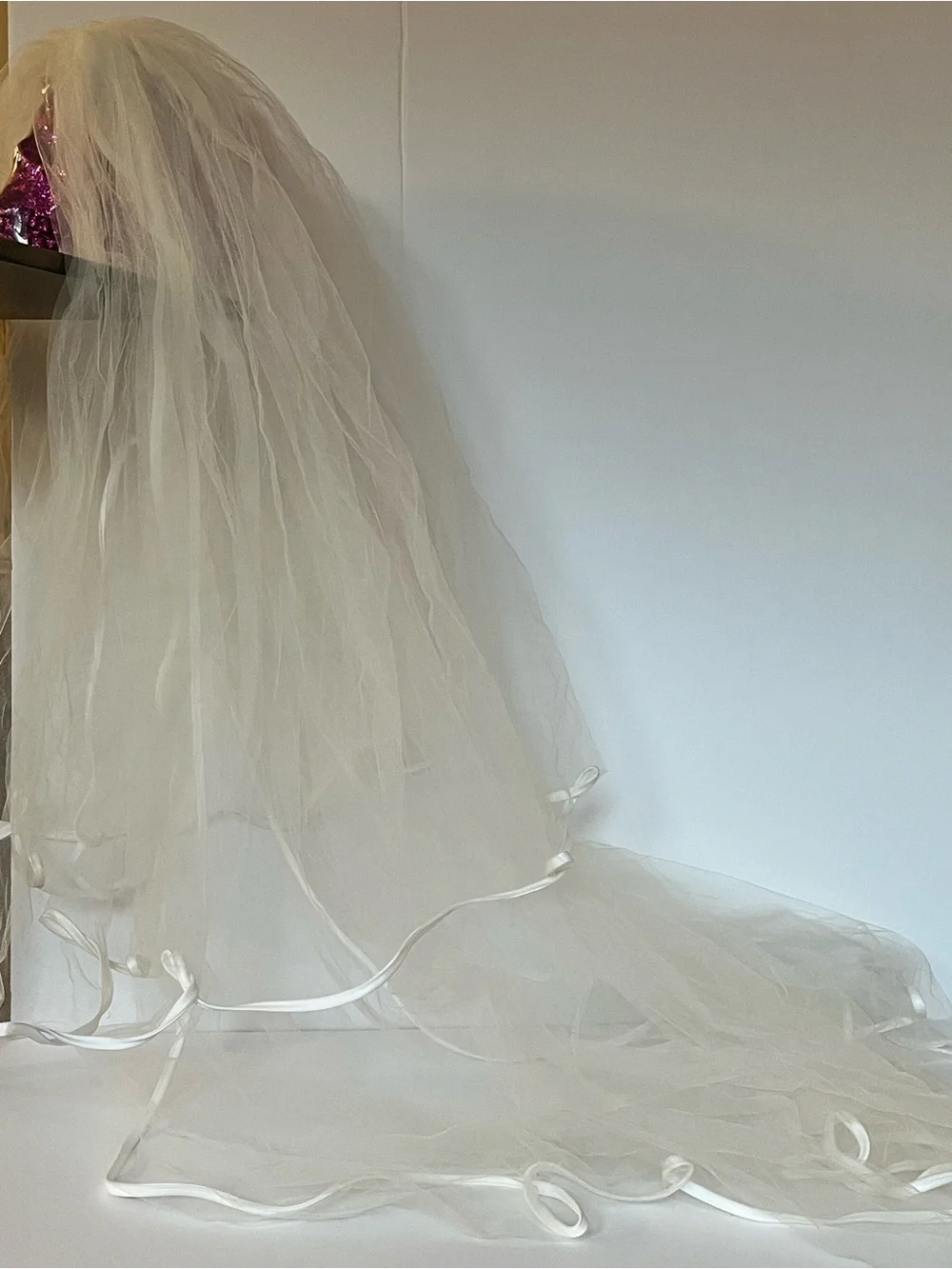 Ribbon Trim Wedding Veil | Sheer 2-Tier Bridal Tulle Fingertip length